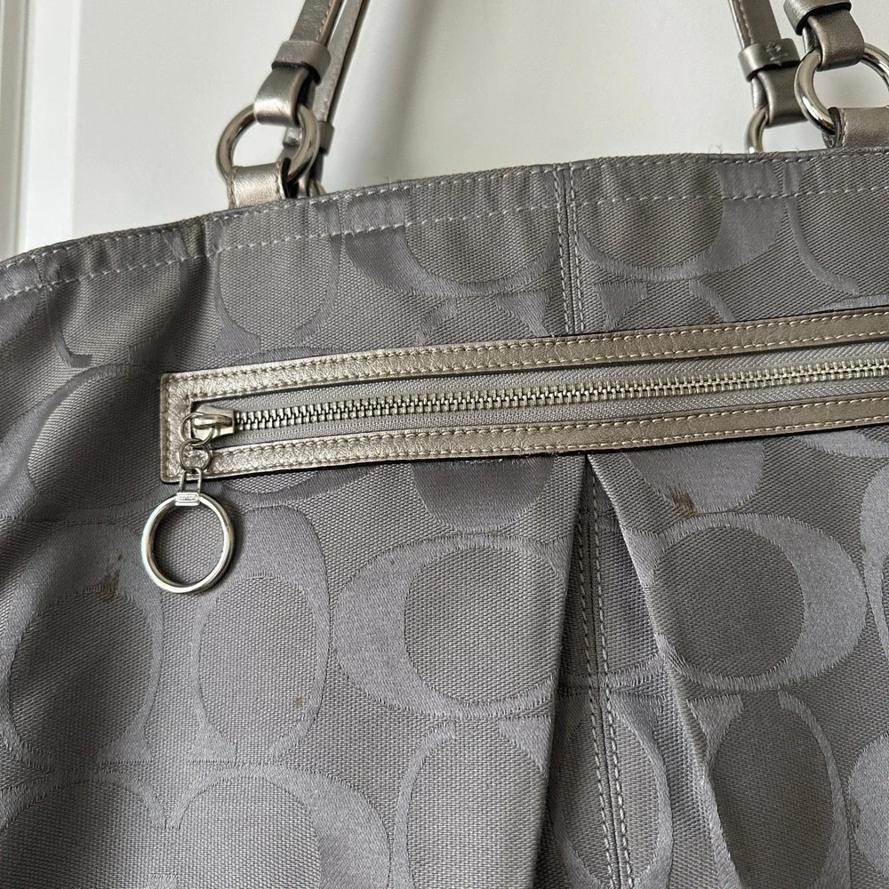Coach Signature Monogram Tote Bag Gray Silver Metallic Leather Trim Shoulder Bag